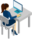 椅子に座って机のパソコンを見てる女性のイラスト
